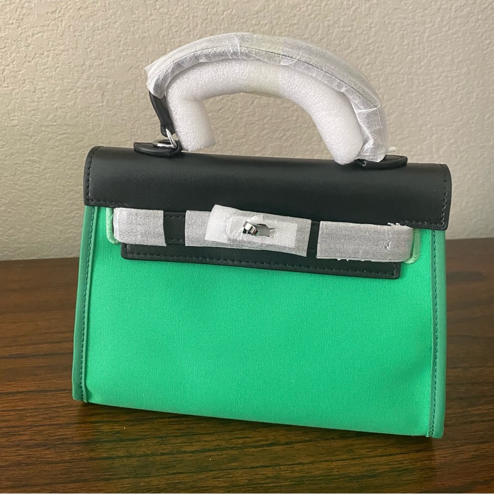Green Fabric Canvas Leather 22 KL Satchel Crossbody Belted Top Handle Bag S1